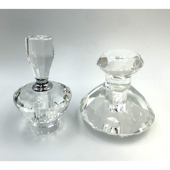 VTG Oleg Cassini Perfume Bottle Crystal Faceted Cut Diamond Pair of 2 HEAVY READ - Picture 1 of 8